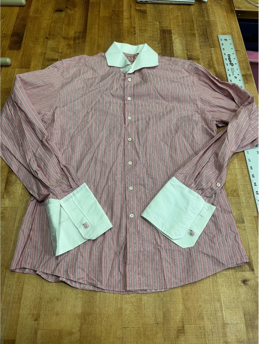 Thomas Pink Slim Fit Pink Striped Dress Shirt with White Collar and Cuffs
